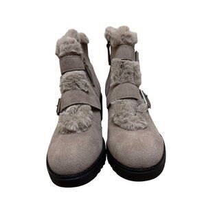 Violet & Red Women's Faux Fur Lined Suede Boots With Buckle Straps & Block Heel